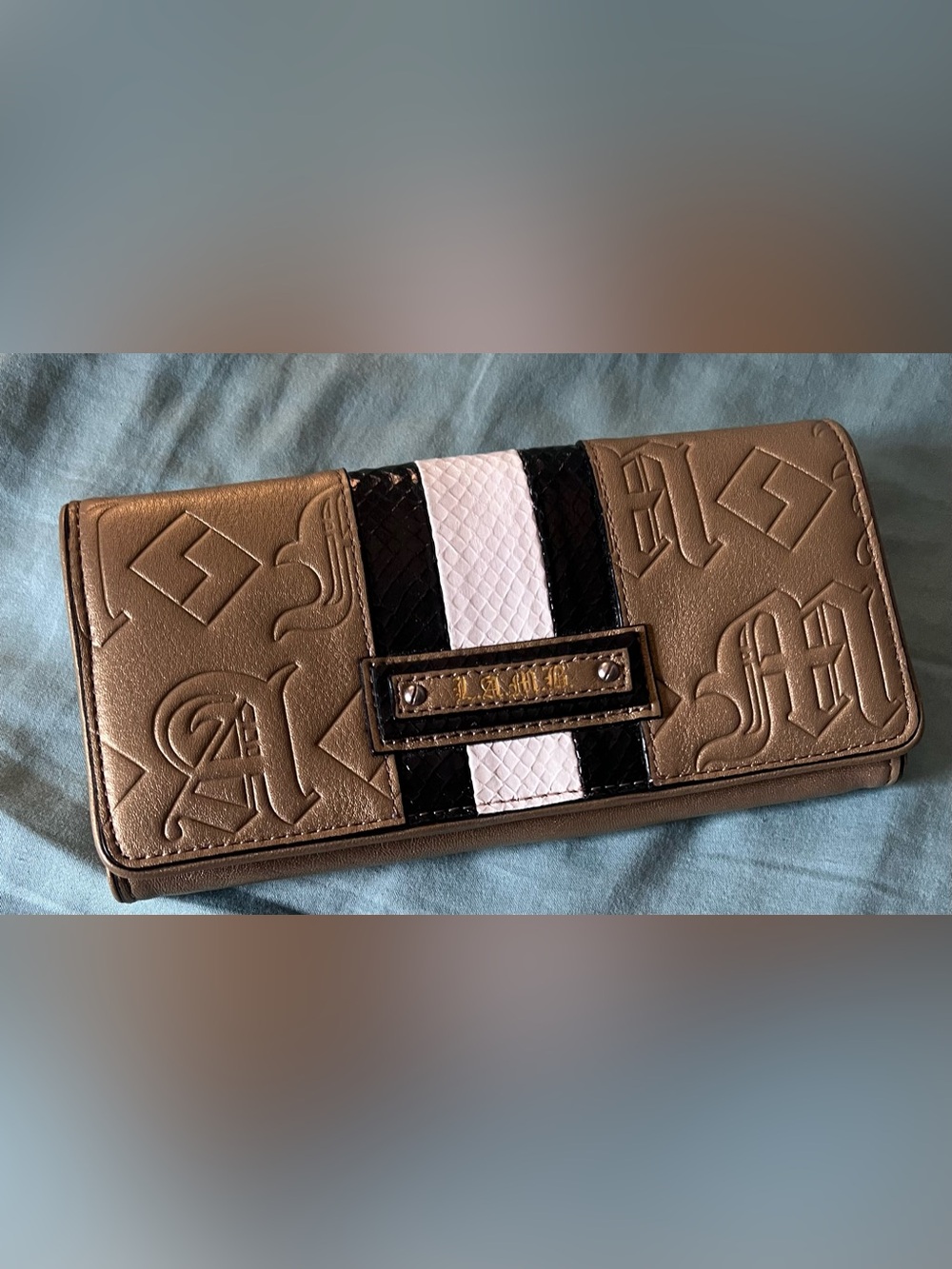 L.A.M.B. Dorset Gold Wallet Embossed with Black and White Faux Snakeskin - Picture 4 of 15